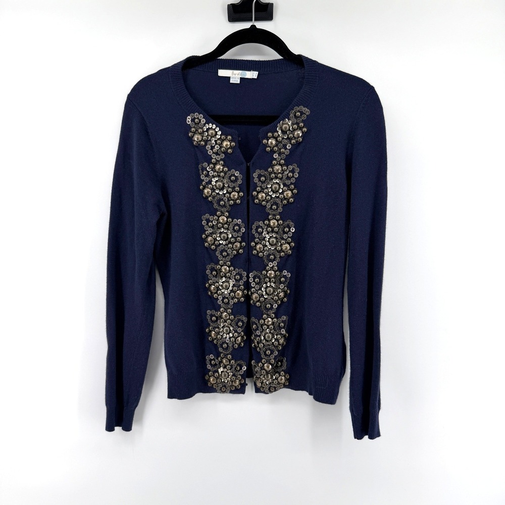 Boden Cardigan Embellished Sequin Bead Size 8 Navy‎ Blue Womens Sweater Cashmere
